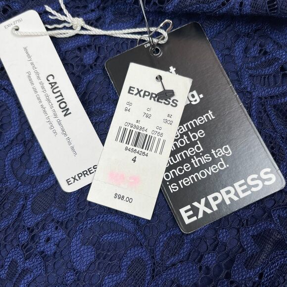 Express Women's Sheath Dress Size 4 Navy Blue Floral Lace Mock Neck Short Sleeve - Picture 11 of 12